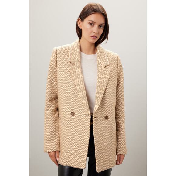 Anine Bing Tan Fishbone Wool Blend Double Breasted Relaxed Blazer Jacket Size S - Picture 3 of 16